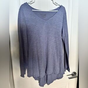 Neon Buddha Raw Seams L/S Cotton Yoga Tunic, Side vents, Slate Blue, Women's XL